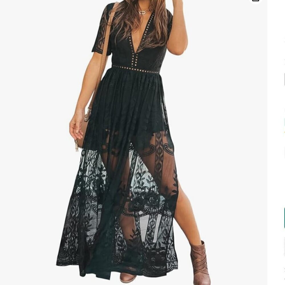 Eleter Womens Black Deep V-Neck Lace Romper Short Sleeve Long Dress-Size S - Picture 3 of 16